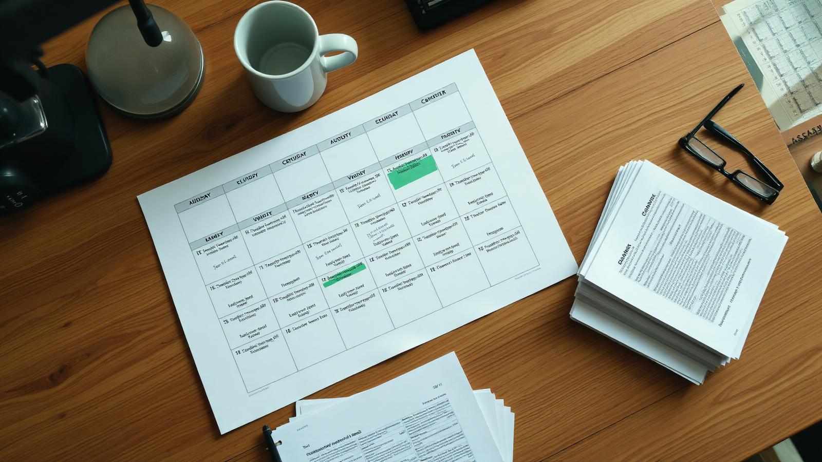 Editorial desk with a printed calendar
