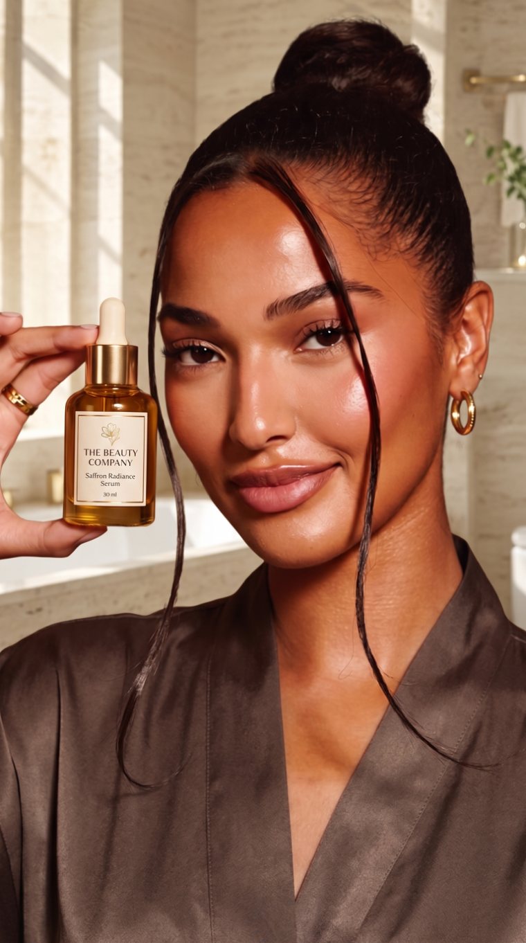 Model holding a saffron radiance serum in morning light