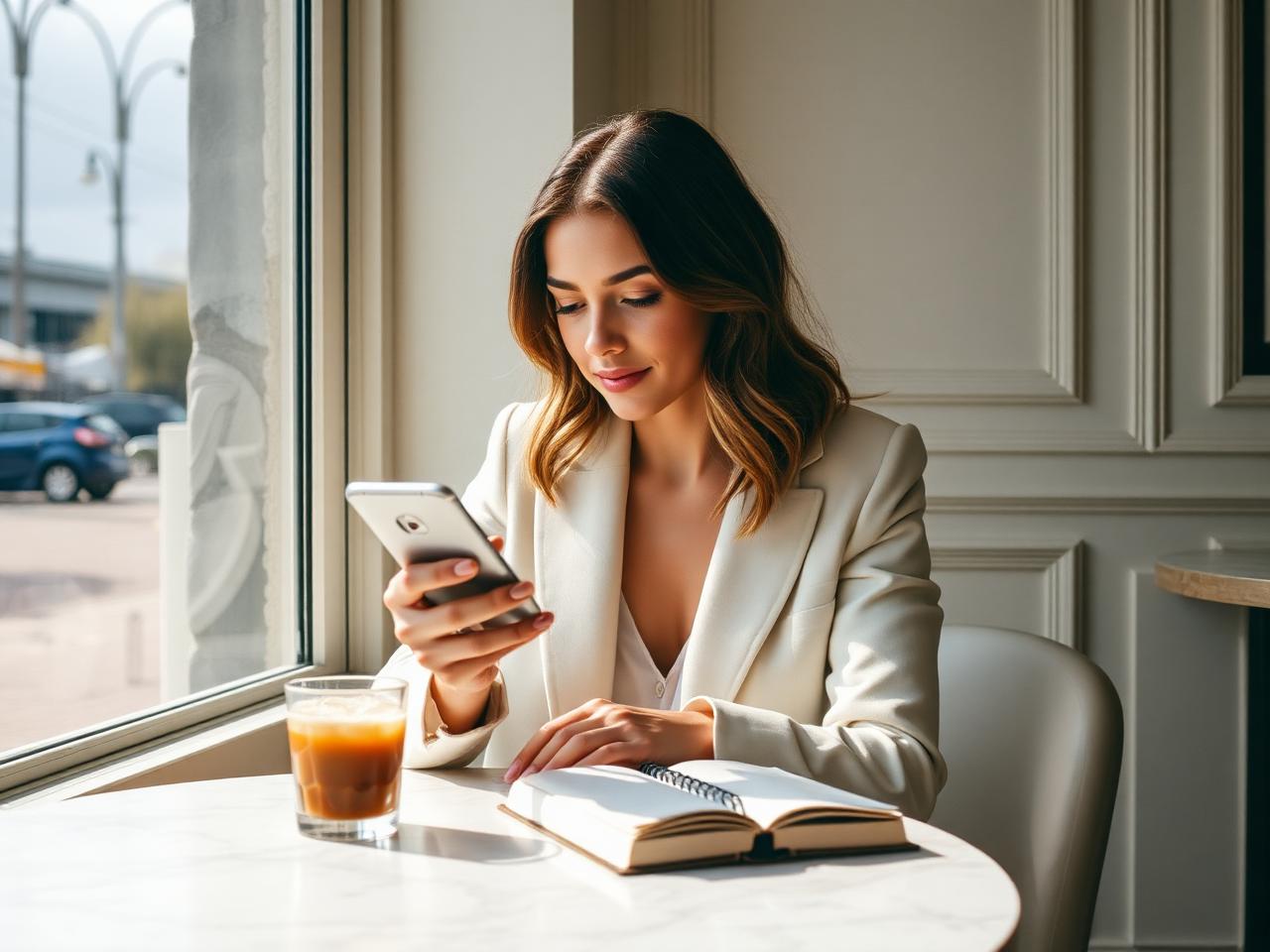 Creator reading a post on her phone at a café table, notebook open
