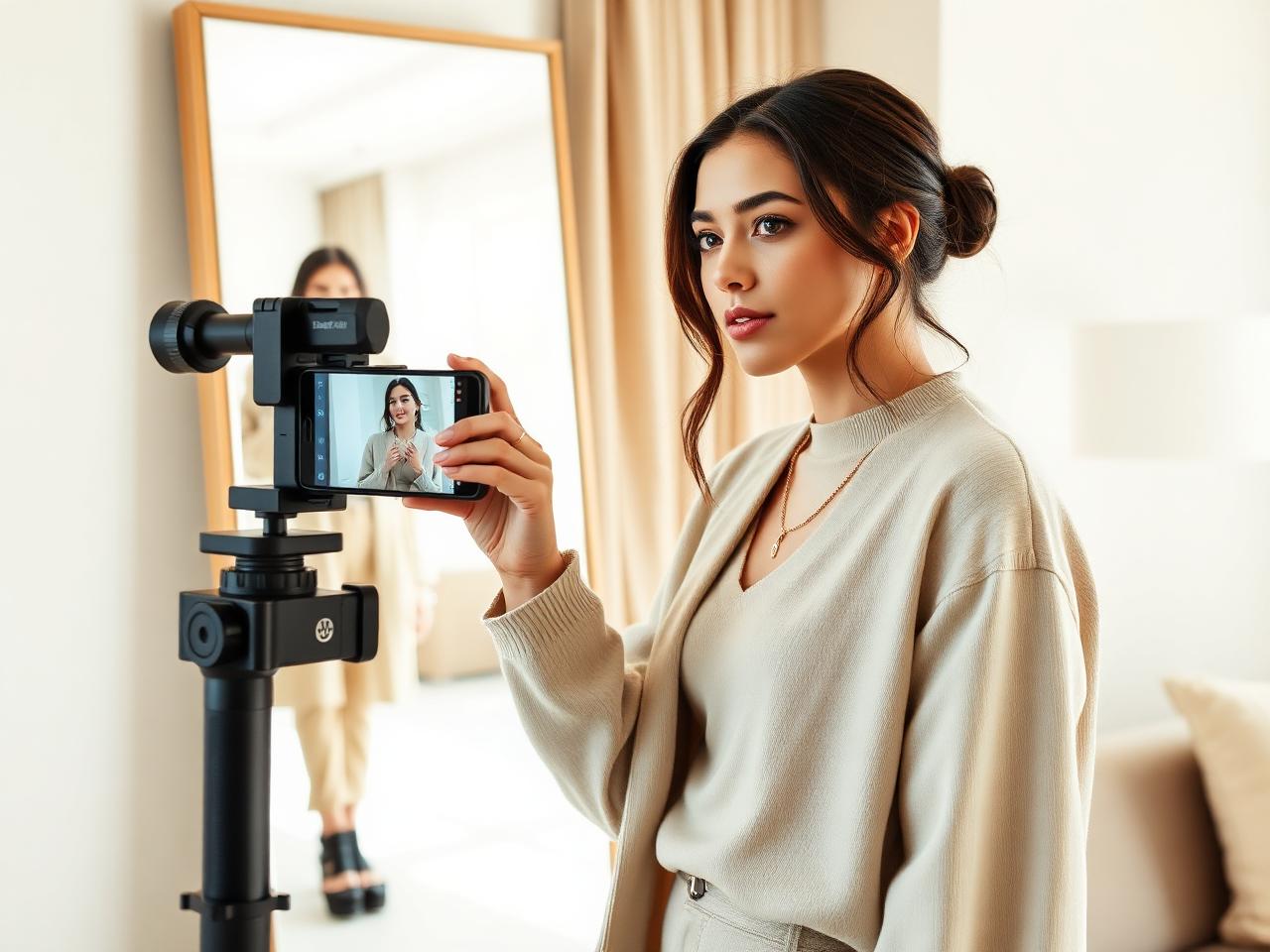 Fashion creator using a mirror as part of an Instagram visual