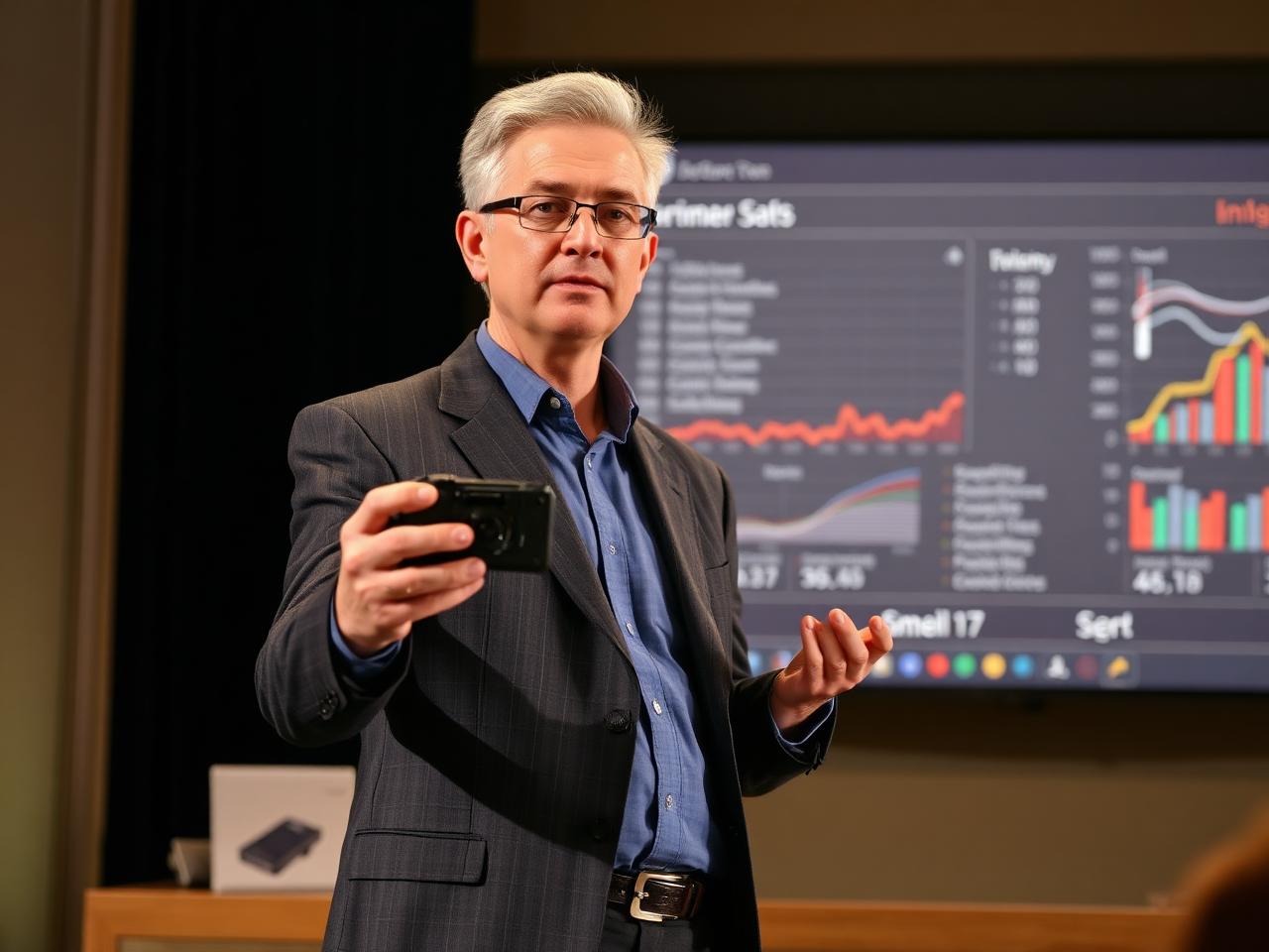 Executive demonstrating a product in a work context